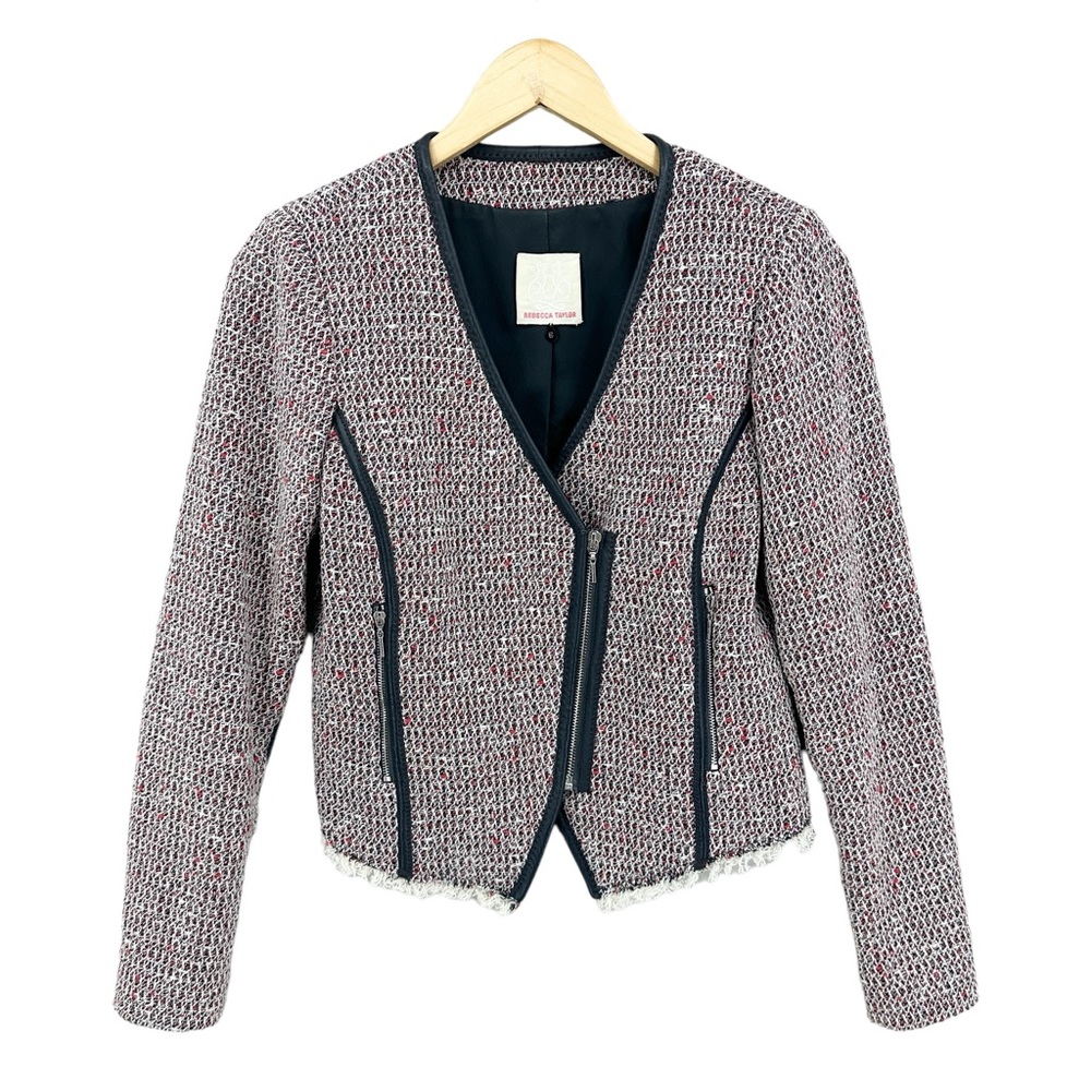 REBECCA TAYLOR Blazer Jacket Cotton Wool Lamb Leather Tweed